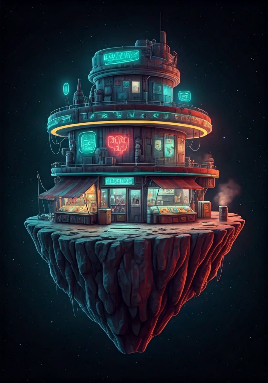 Extraterrestrial Gas Station on Asteroid, Sci-Fi Art