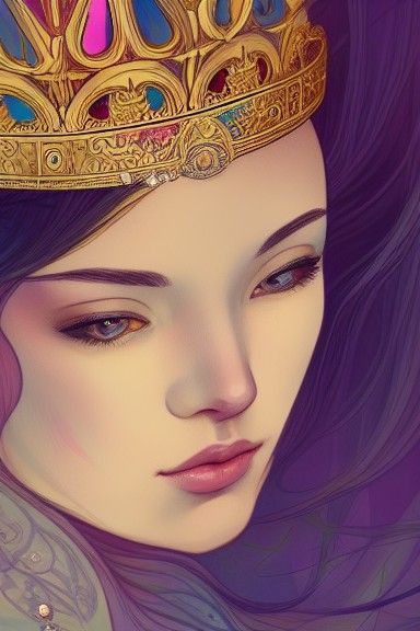 Beautiful Woman with Jeweled Crown in Art Nouveau Style