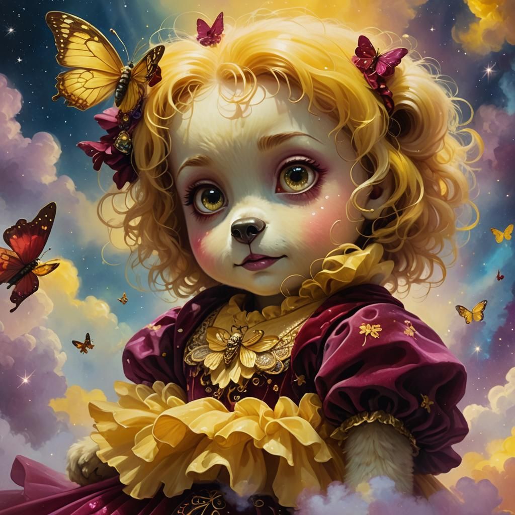 Yellow Teddy Bear on Cloud in Dreamlike Illustration