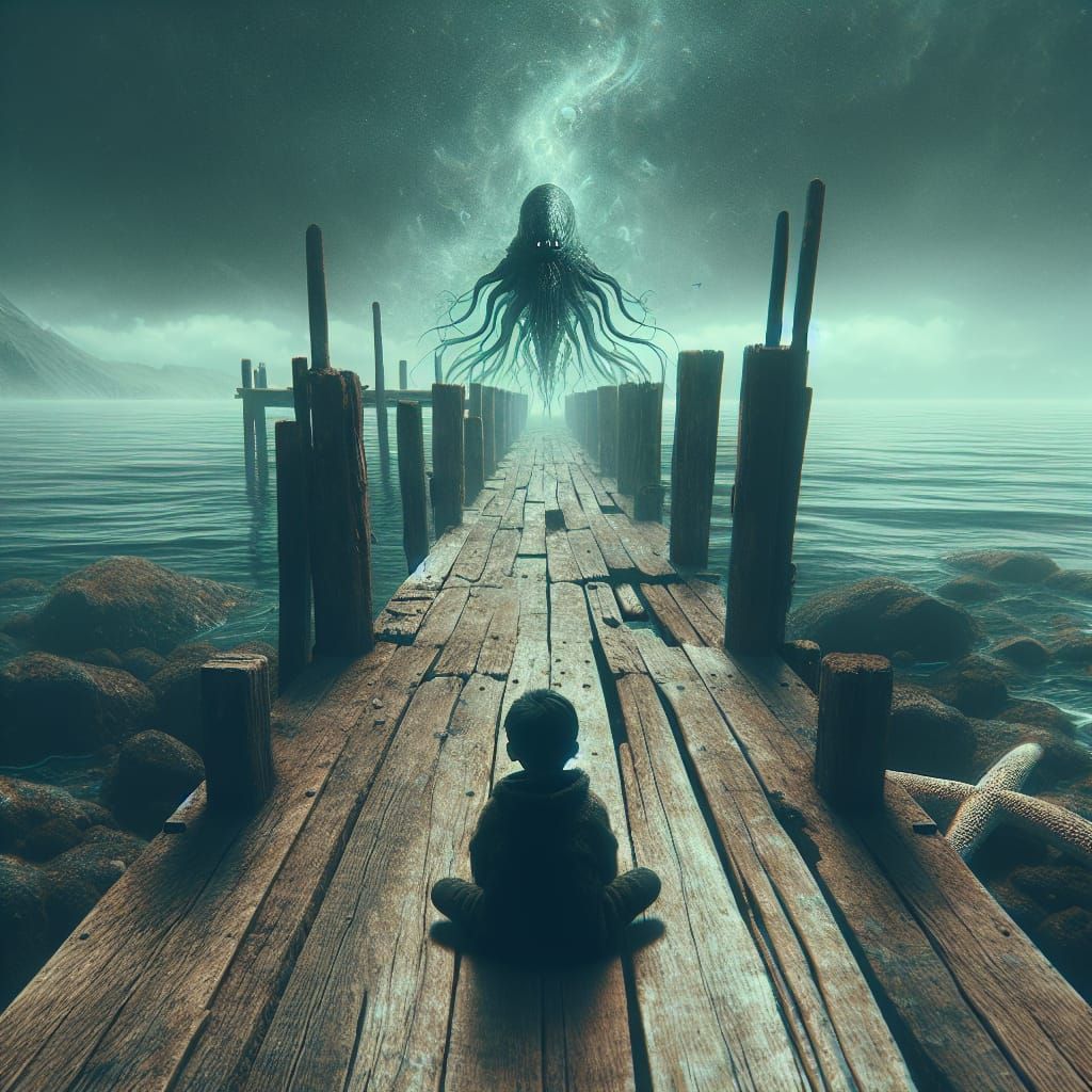Eerie Underwater Encounter on Weathered Dock in Surrealist S...