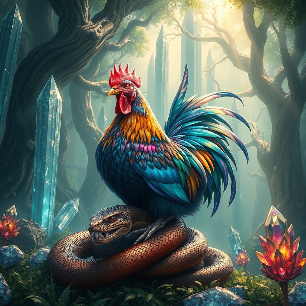 Surreal Iridescent Avian Devours Snake in Crystal Realm
