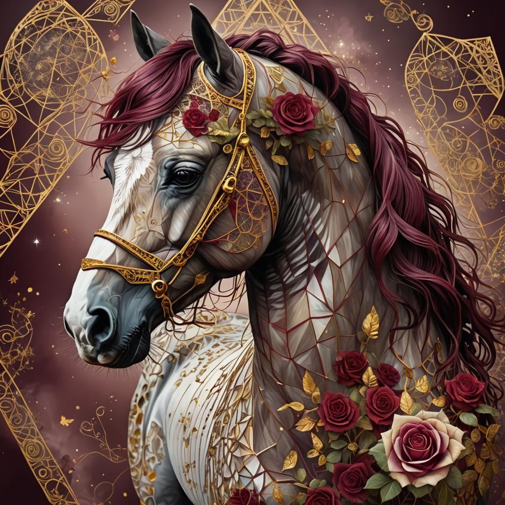 Horse Double Exposure with Sierpinski Triangle and Zentangle...