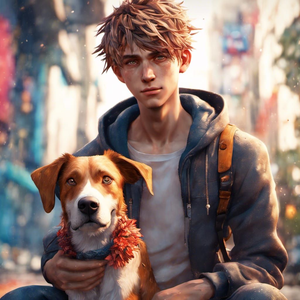 Anime Style: Young Man and Dog Reunion