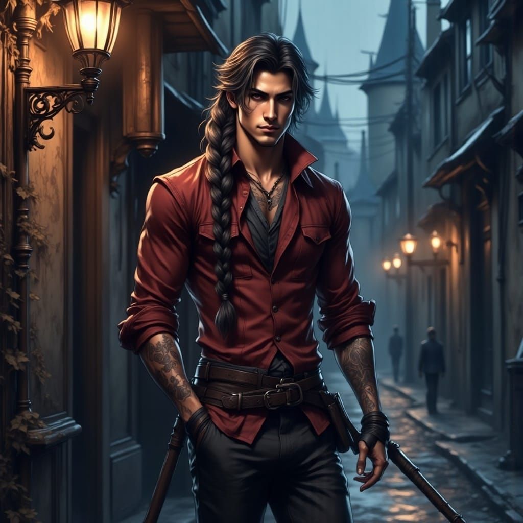 Crimson V-Neck: Eternally Youthful Man in Fantasy Art