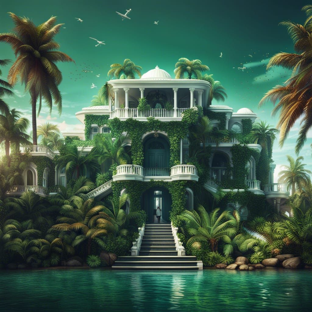 Beachside Mansion with Palm Trees in Detailed Digital Art