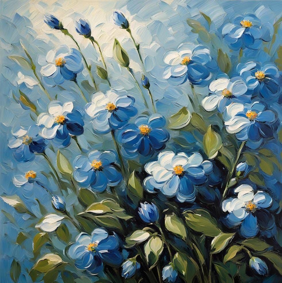 Impressionist Blue Flowers in Impasto Style