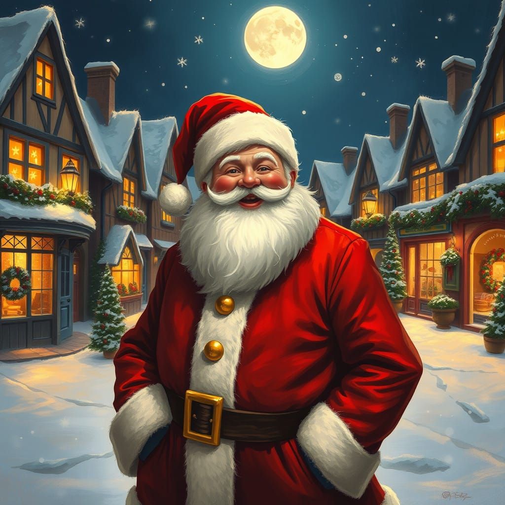 Jovial Father Christmas in Snowy Village at Night