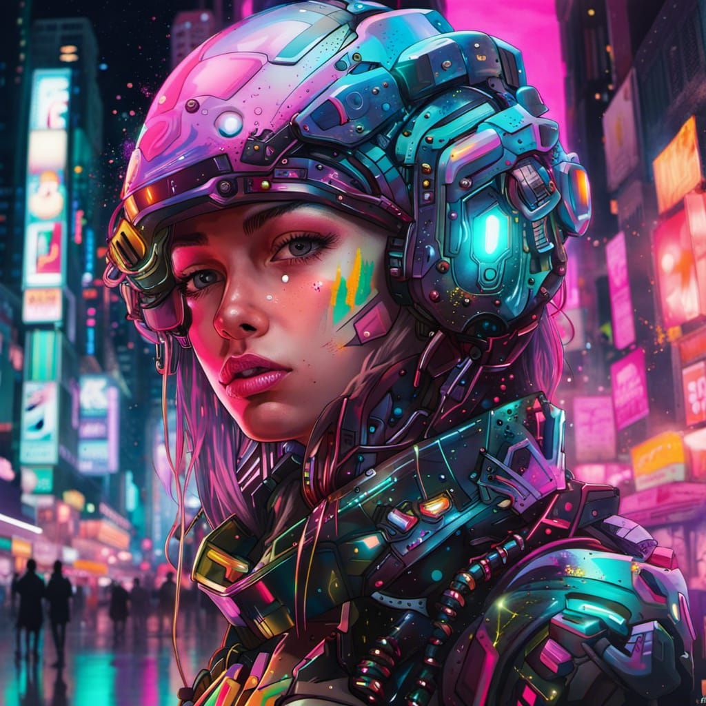 Cyborg Girl Portrait in Neon City Graffiti Art