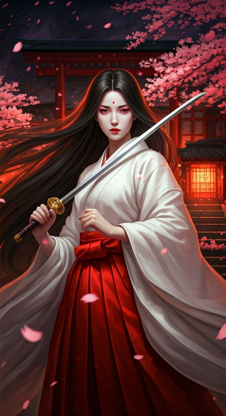Divine Japanese Goddess Wields Sword in Shrine Setting