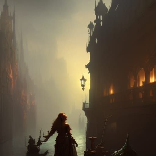 Fantasy Venice Street Scene with Dragon, Detailed Art