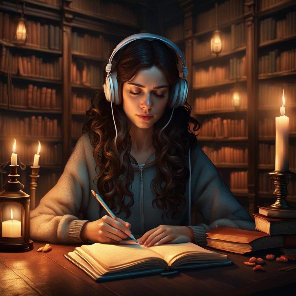 Ethereal Woman Contemplates in a Warm Library Ambiance