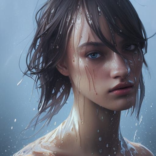 Detailed Portrait of a Wet Woman in Art Nouveau Style