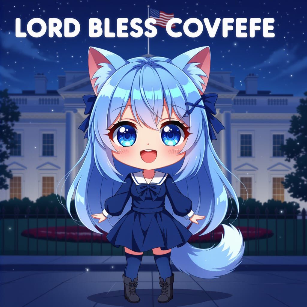 Adorable Anime Catgirl in Front of White House