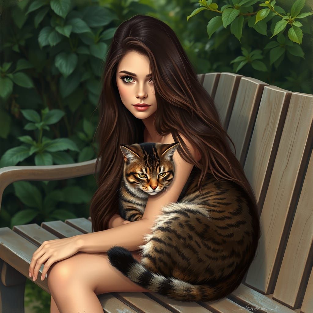 Serene Woman with Majestic Cat in Whimsical Digital Painting