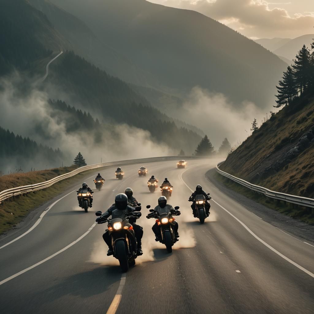 Motorcycles Speeding on Misty Mountain Road
