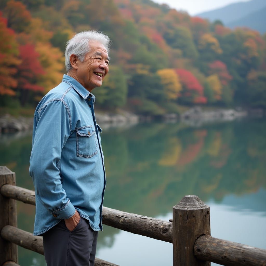 Man Standing by Serene Japanese Lake in Autumn Hues