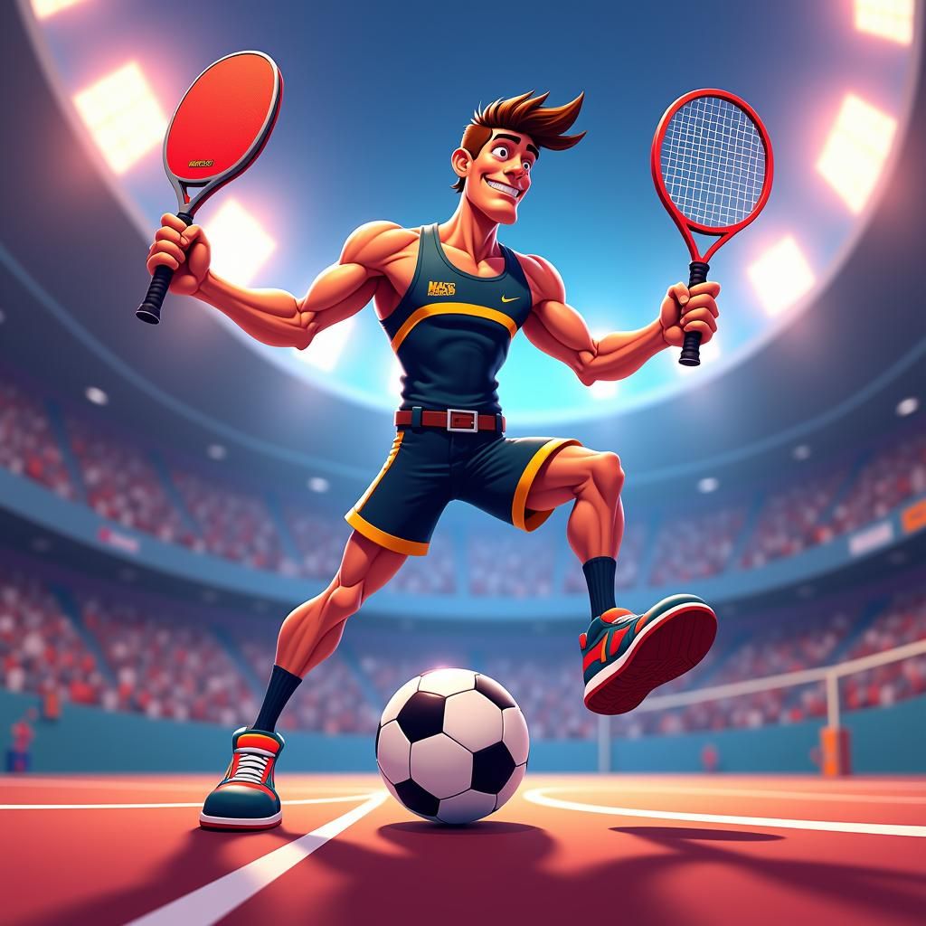 Sportacus-Inspired Character in Dynamic Sports Arena