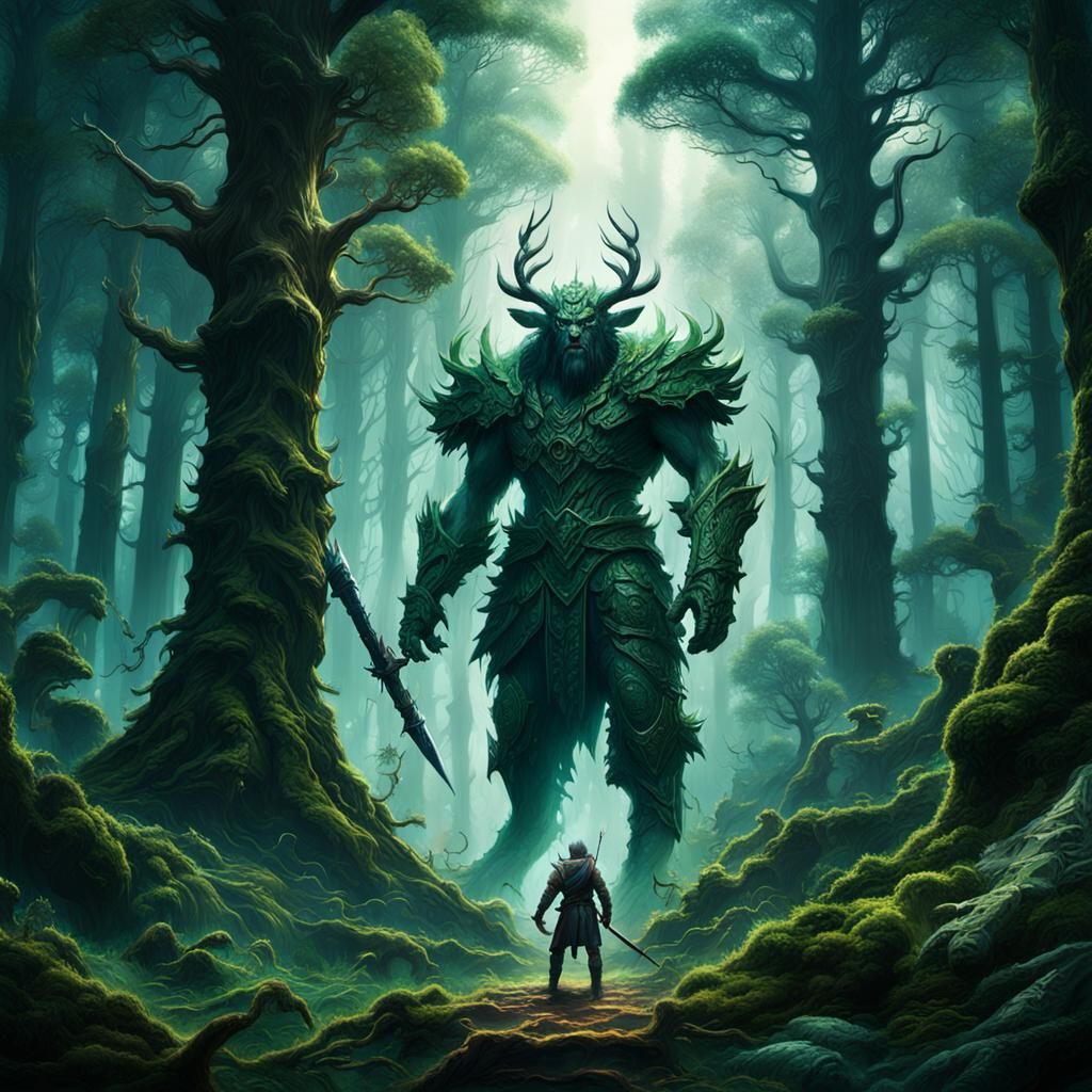 Epic Forest Deity Battle: Digital Matte Painting