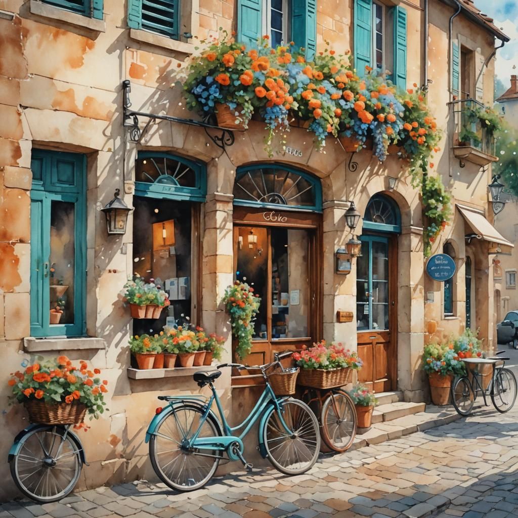 Charming French Village Street Corner as Watercolor Painting