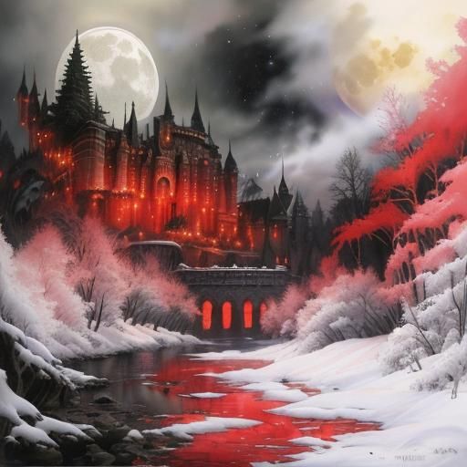 Dracula's Castle: Occult Horror Landscape in Oil and Ink