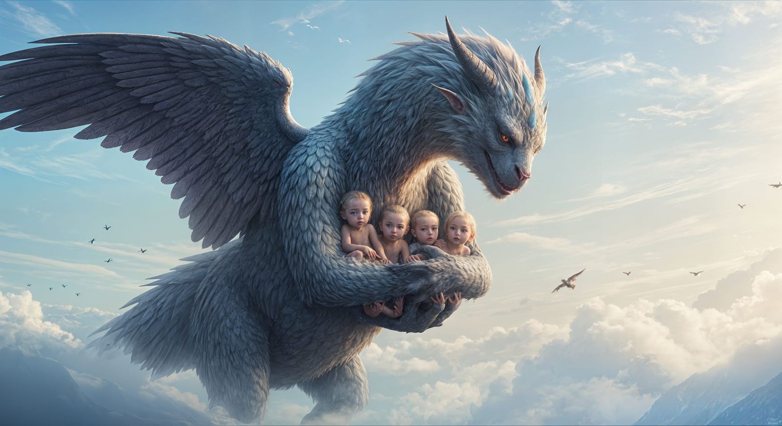 Horned Sky Beast Cradling Orphans with Hyper Details