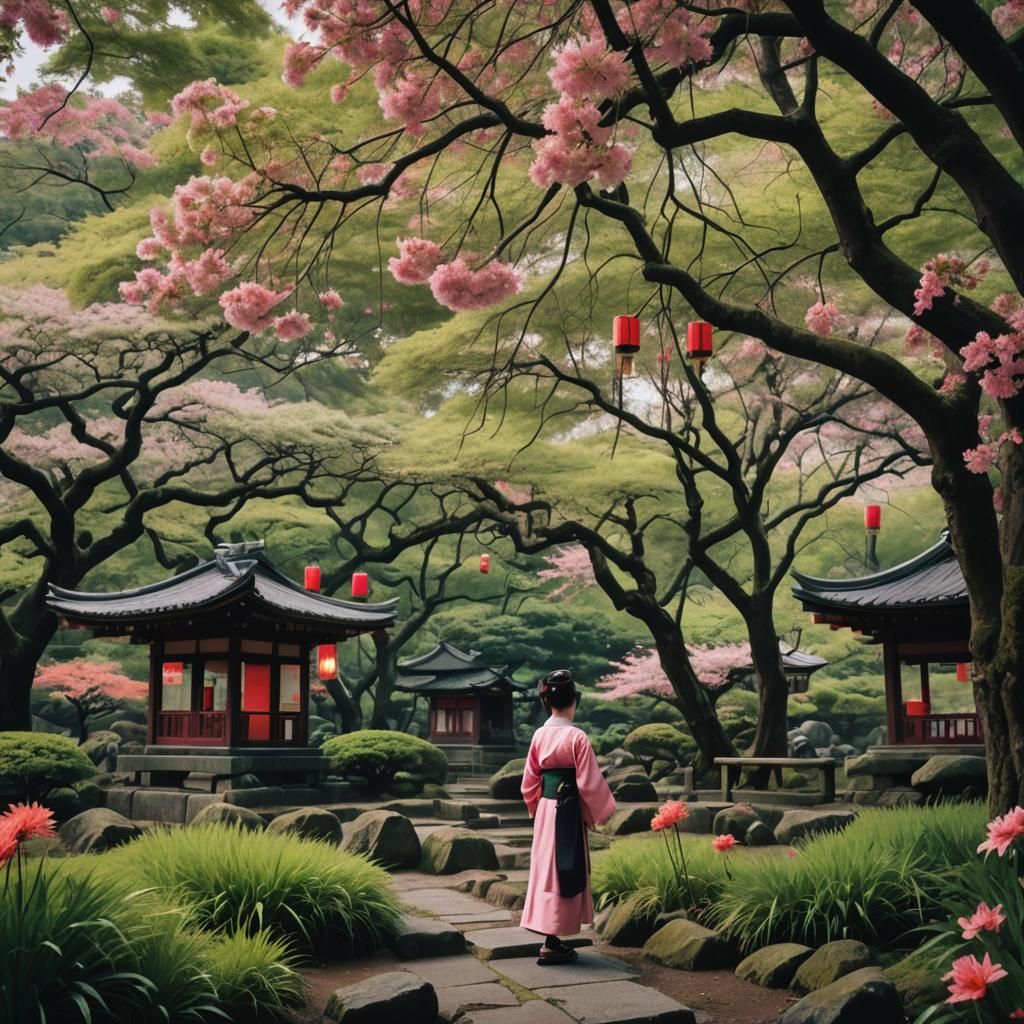 Japanese Shrine with Lanterns and Cherry Blossoms