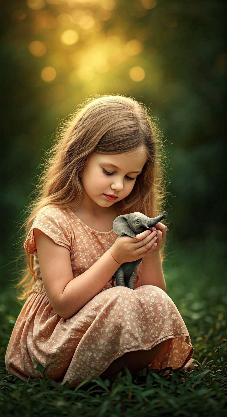 Girl Cradles Elephant in Magical Golden Light