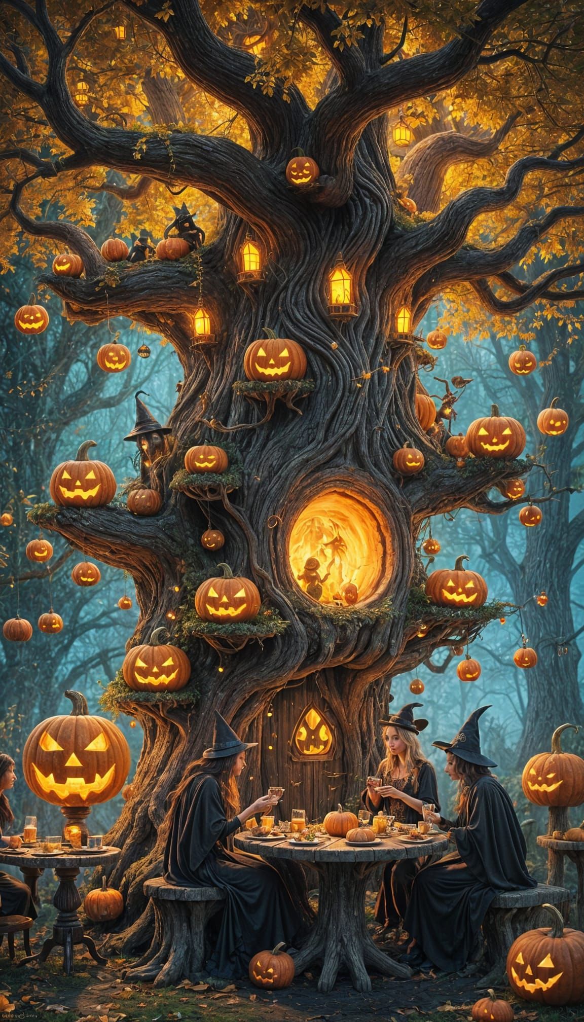 Whimsical Halloween Cafe Inside Gigantic Ancient Oak Tree