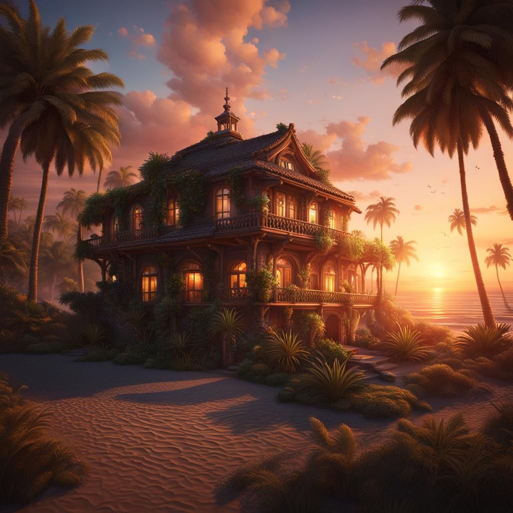 Beach House Sunset: Detailed Matte Painting