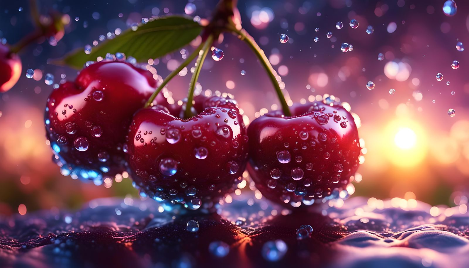 Iridescent Cherry with Dew Drops at Sunset