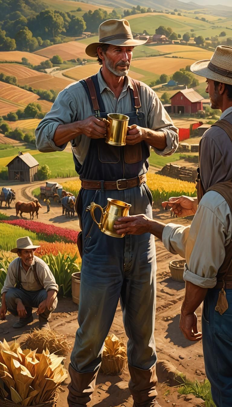 Farmer Offers Gold Pitcher in Rural Landscape