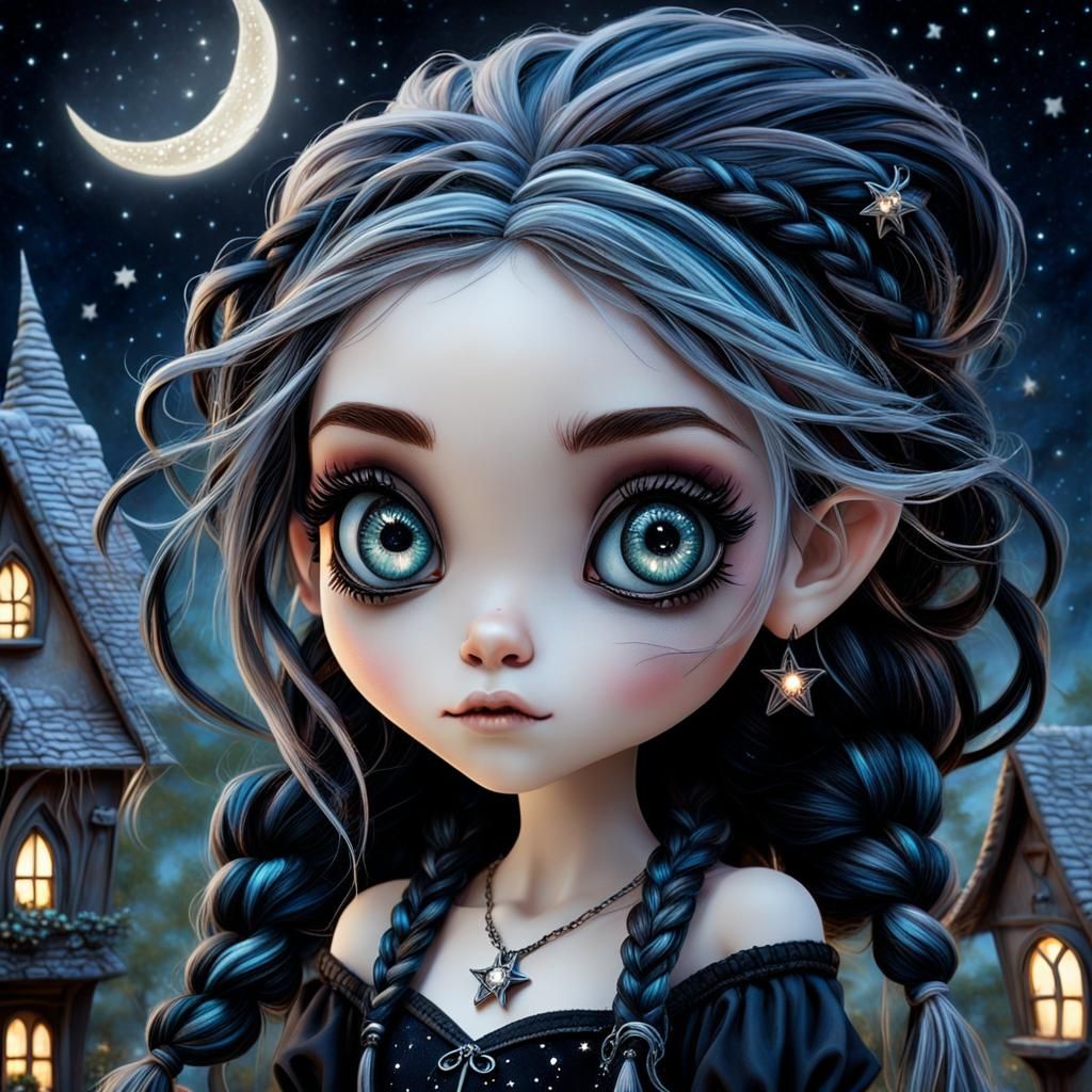 Enchanting Pixie Witch in Night Sky, Digital Art