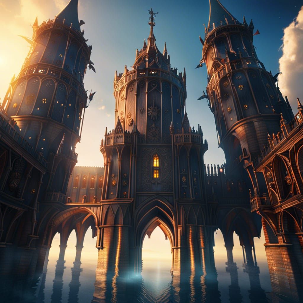 Floating Medieval Library at Sunrise: Digital Matte Painting