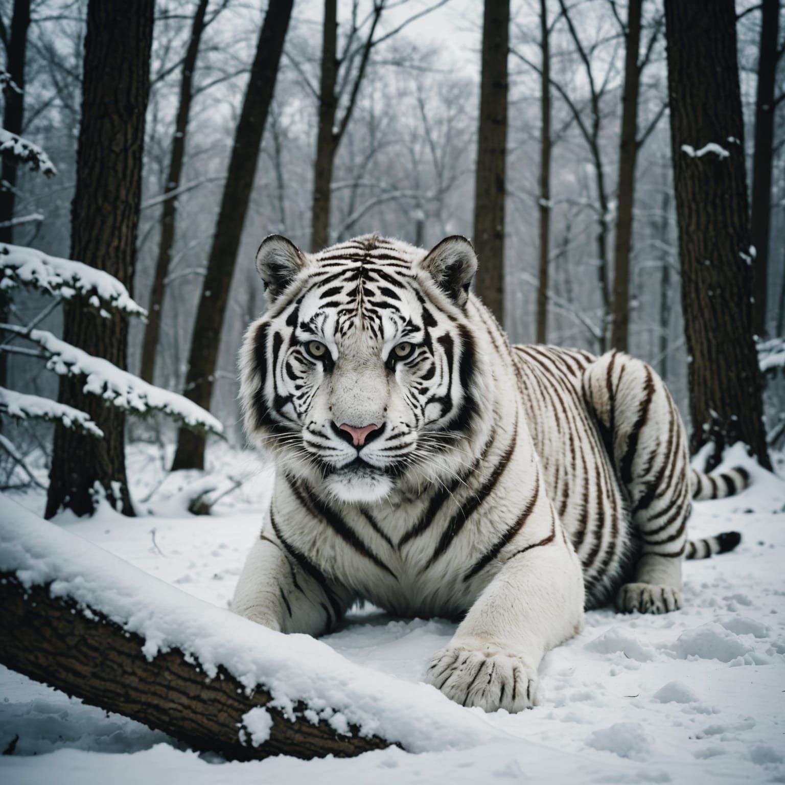 White Tiger Ready to Pounce in Snowy Forest
