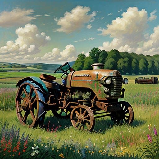Vintage Tractor in a Lush Meadow