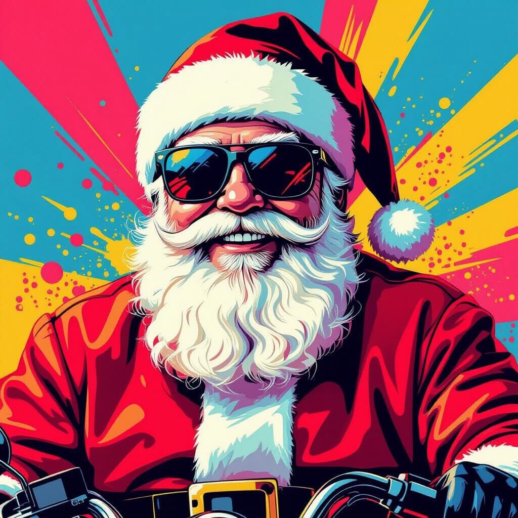 Santa Claus as a Pop Art Biker in Vibrant Colors