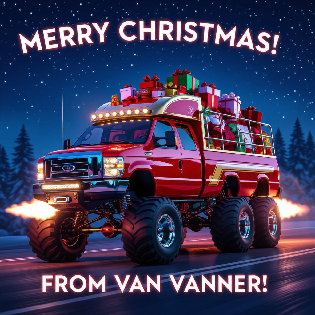 Santa's Futuristic Christmas Van Soars Through the Night Sky