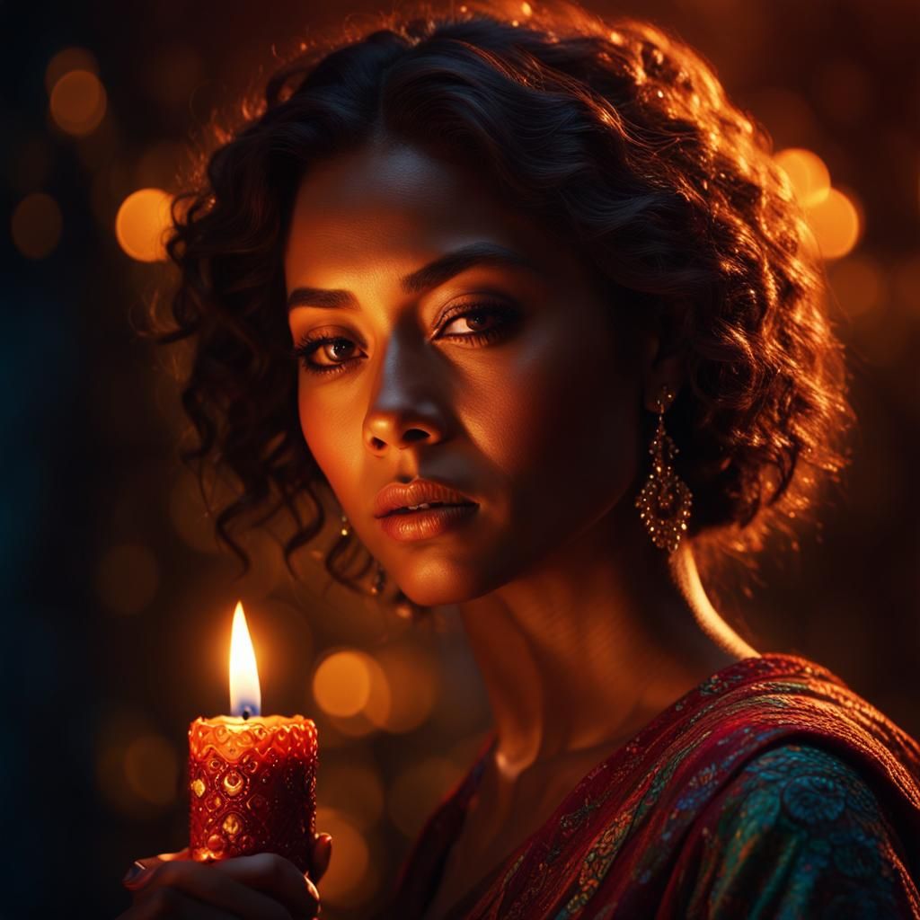 Woman with Candle in Darkness: Hyperrealistic Splash Art