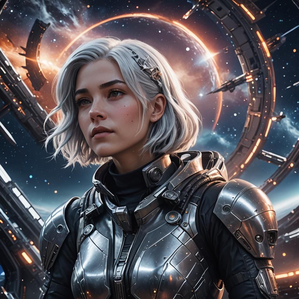 Silver-Haired Girl in Front of Spaceship, Digital Art