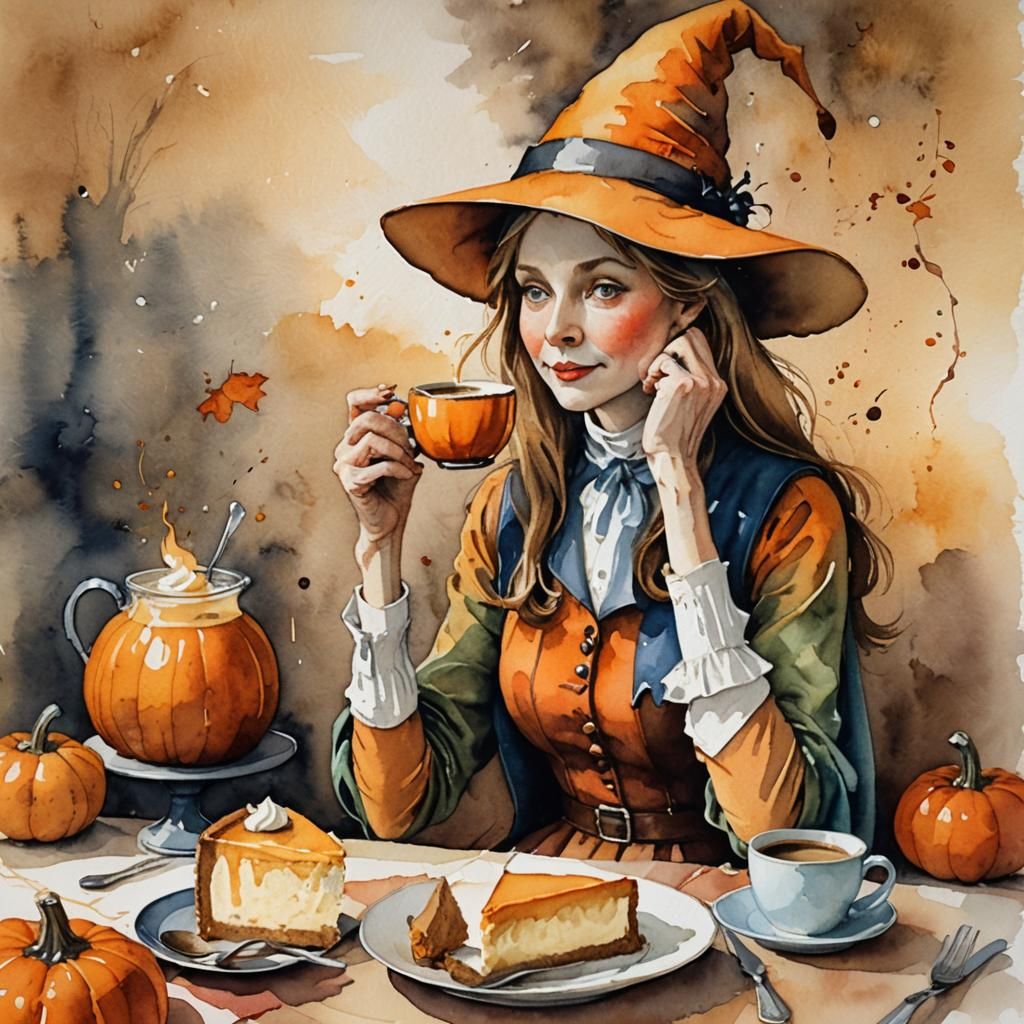 Whimsical Pumpkin Witch with Cheesecake, Watercolor Painting