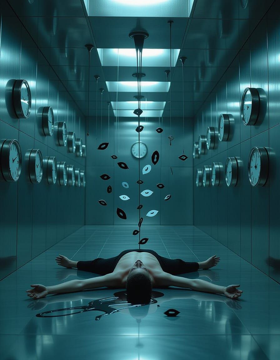 Surreal Metallic Room with Broken Clocks and Floating Body P...