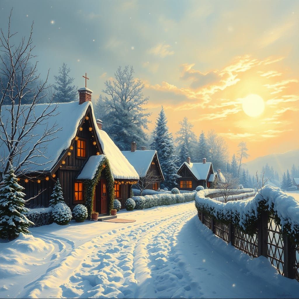 Magical Winter Train in Snowy Village Oil Painting