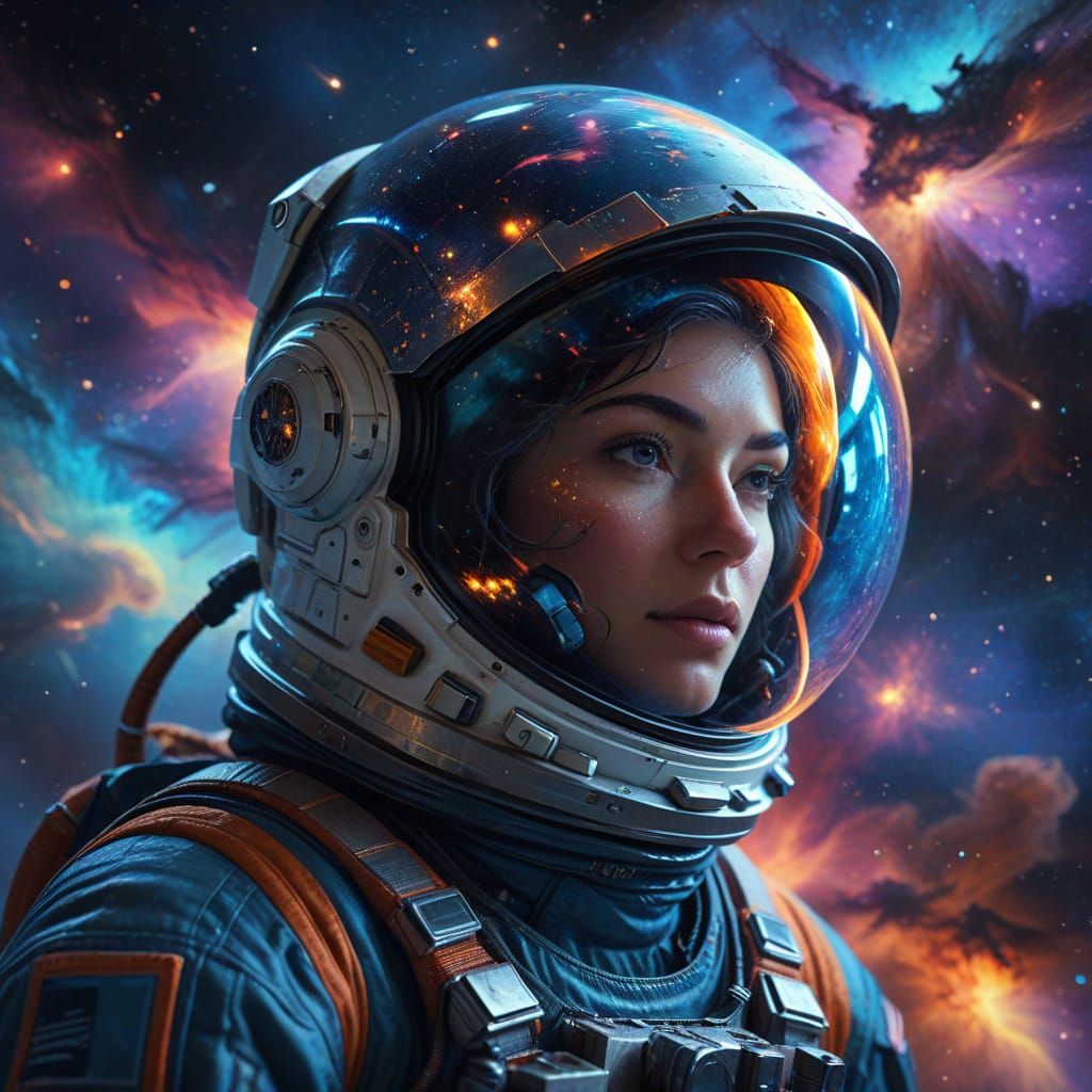 Astronaut Adrift in Cosmic Nebula, Helmet Reflecting Galaxy