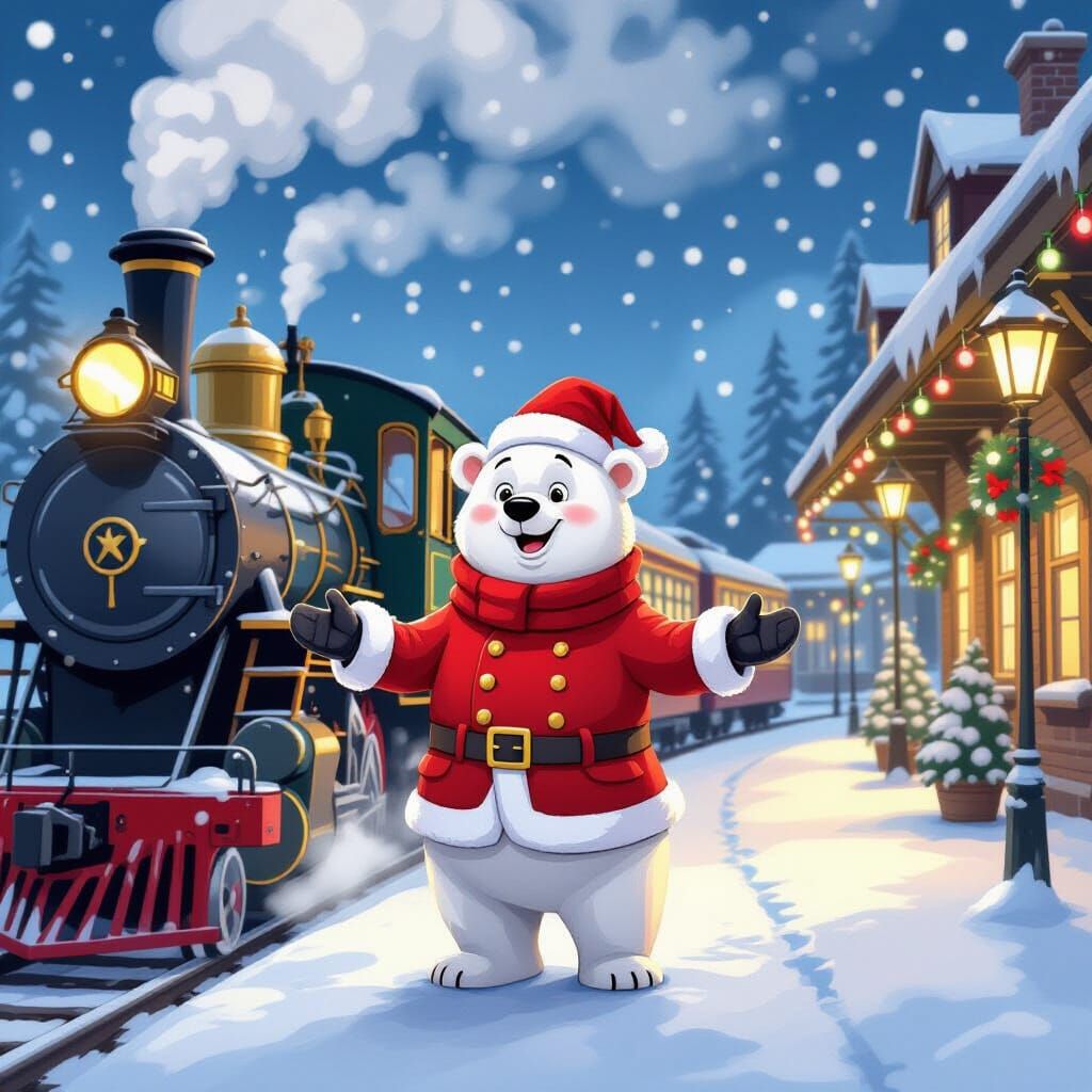 Polar Bear Conductor at Enchanting Train Station