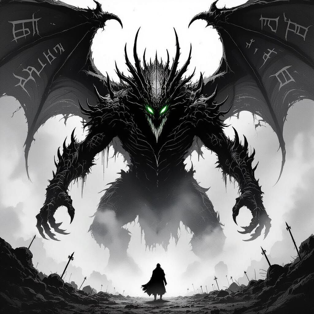 Eldritch Beast Emerges from Mist in Manga Ink Style