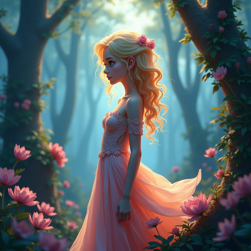 Mystical Blonde Girl in Fantasy Forest Concept Art