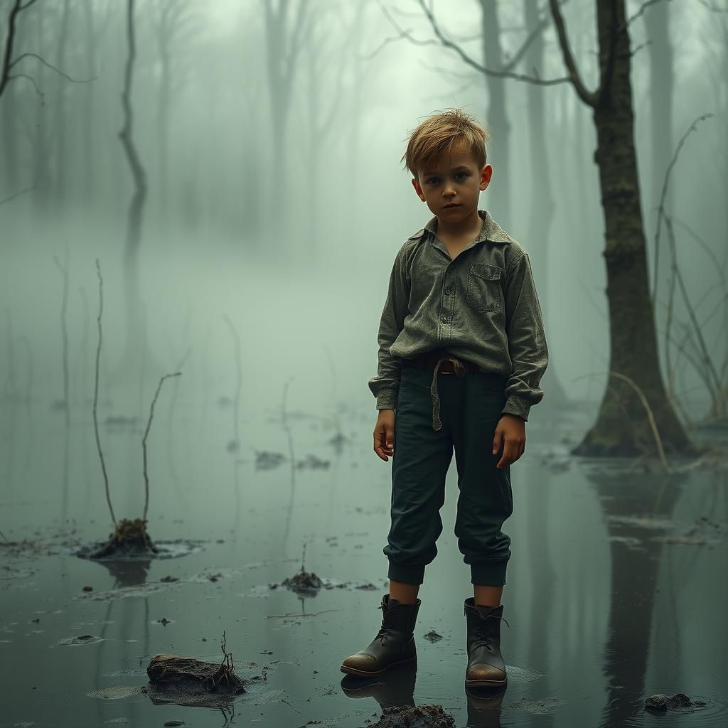 Eerie Boy in Swamp: Surreal Oil Painting