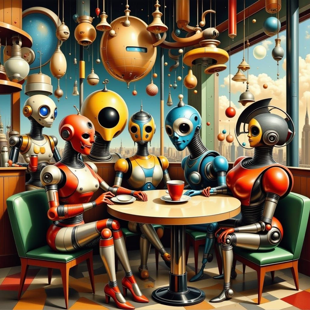 Retro-Futuristic Robots in a Whimsical Café