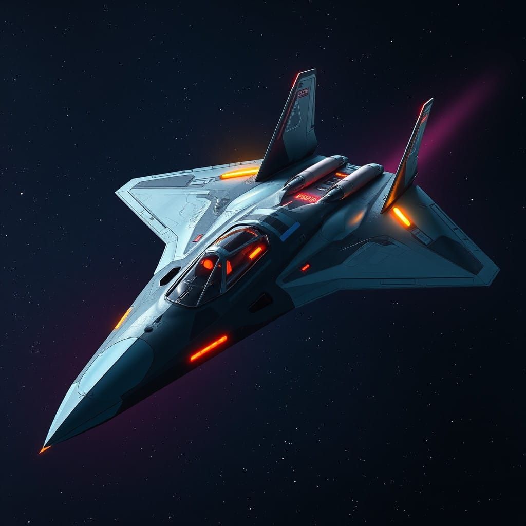 Sleek Metallic Spacecraft Imitating F-117 Fighter in Starry...