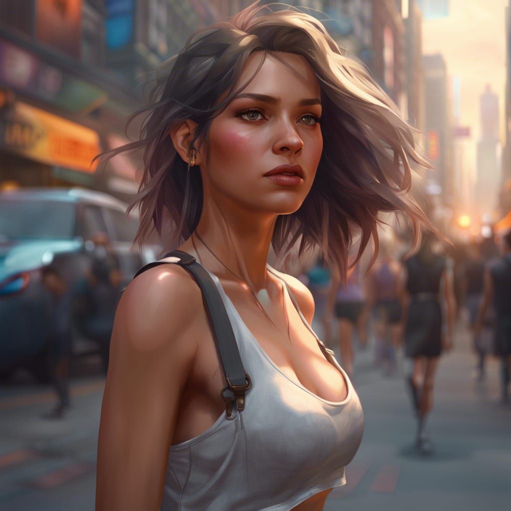 Girl in City Street Portrait by Rutkowski